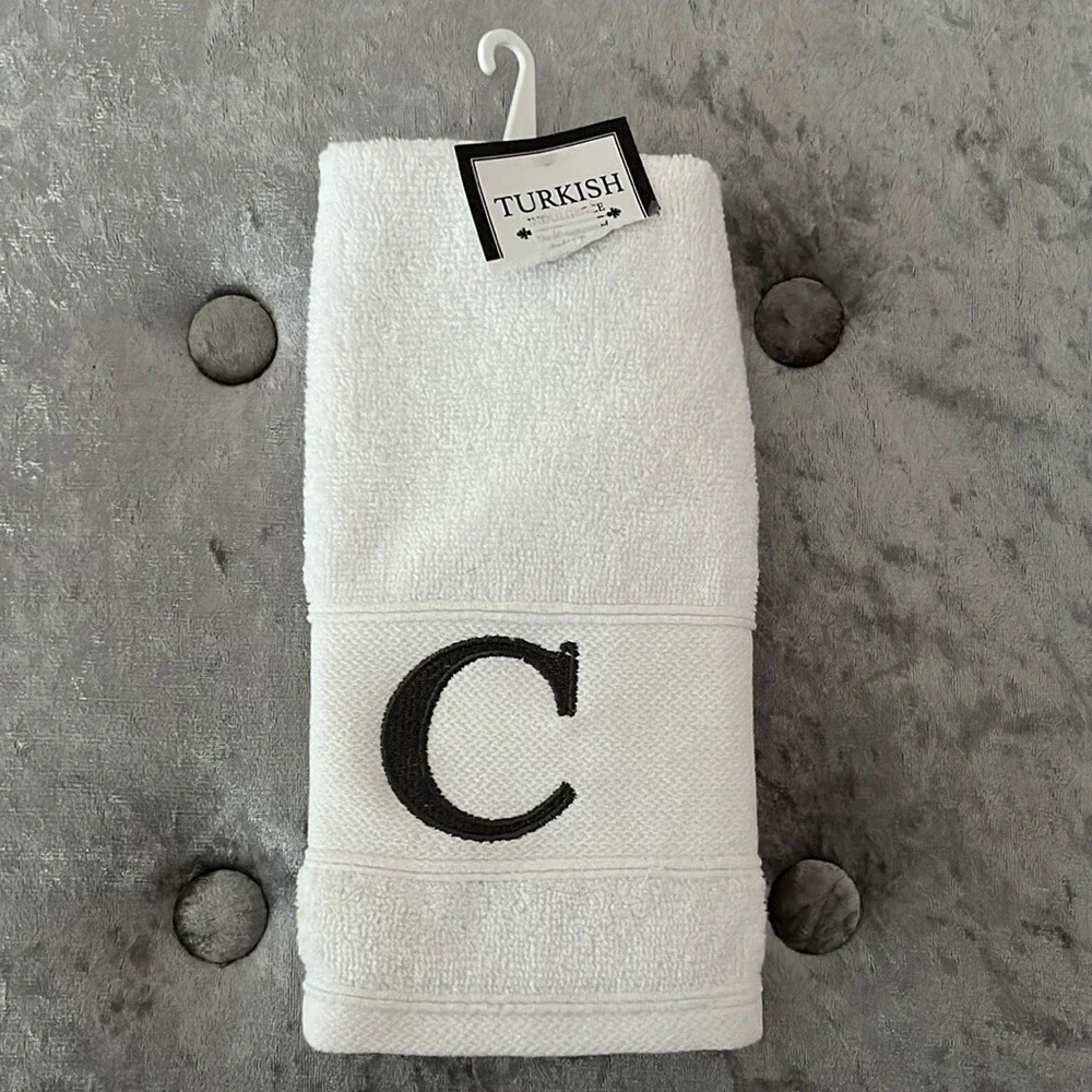Towel face decor white grey embroidered letter C face cloth wash cloth cute